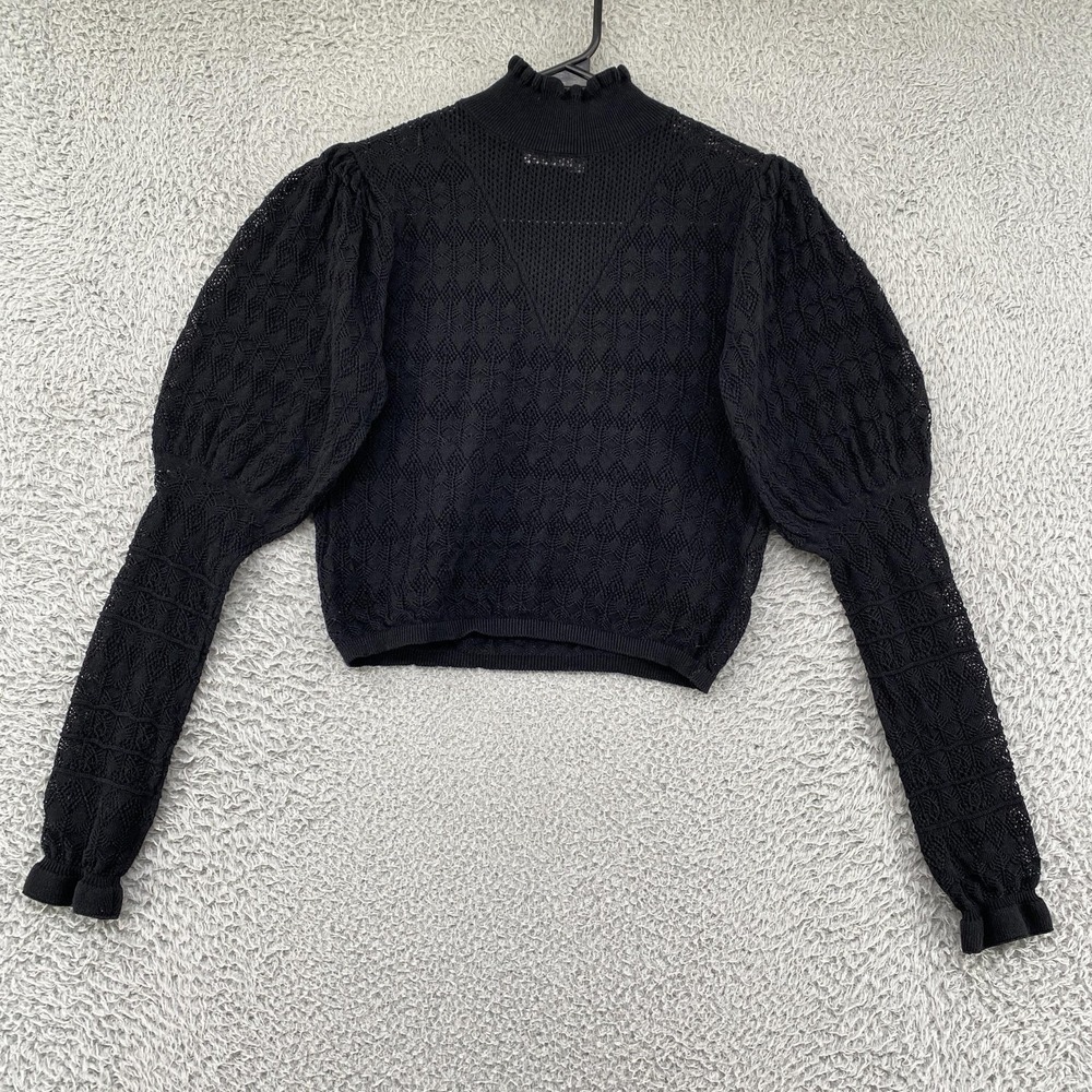 Zara Pointelle Sweater Womens Small Black Mock Neck Puff Sleeve Ruffle Sheer